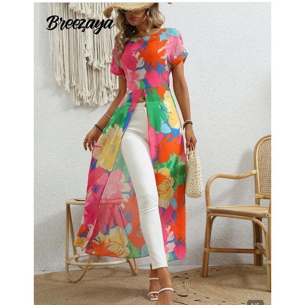 Breezaya Floral Printed Long Shirt With High Side Slit